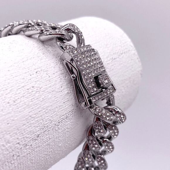 Silver Tone Cuban Link Full Rhinestones Pave Alloy Bracelet - Picture 6 of 6